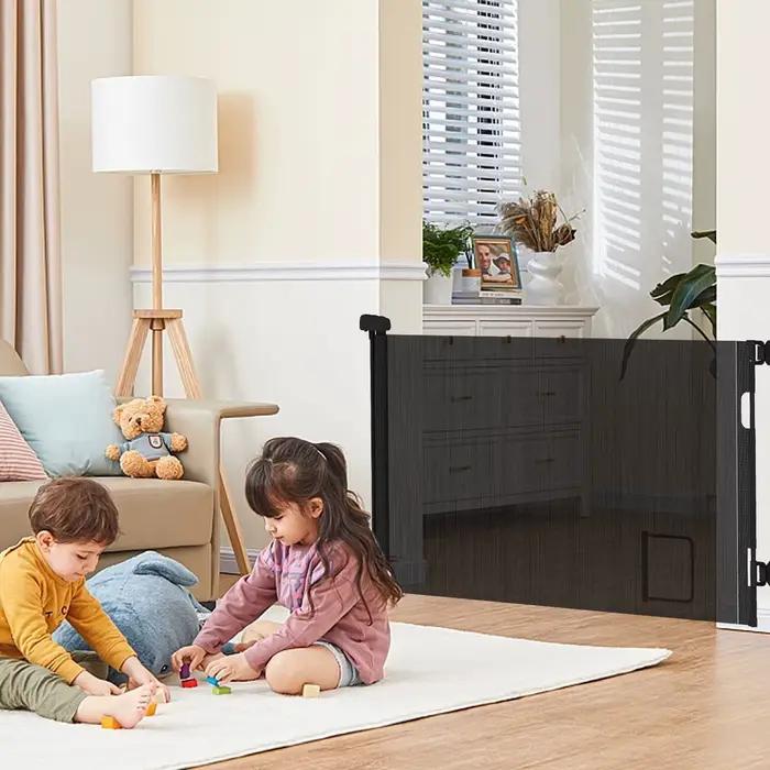Porte de sécurité rétractable pour bébé 0-150 cm, avec trou pour chat, porte de sécurité enroulable 