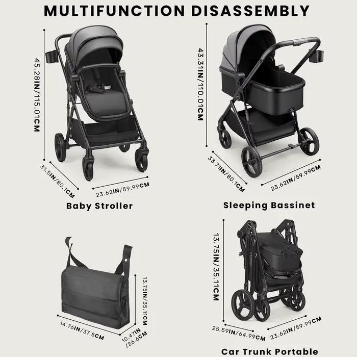 Poussette pour bébé 2 en 1, landau pliable avec siège réversible, auvent réglable, panier de rangeme