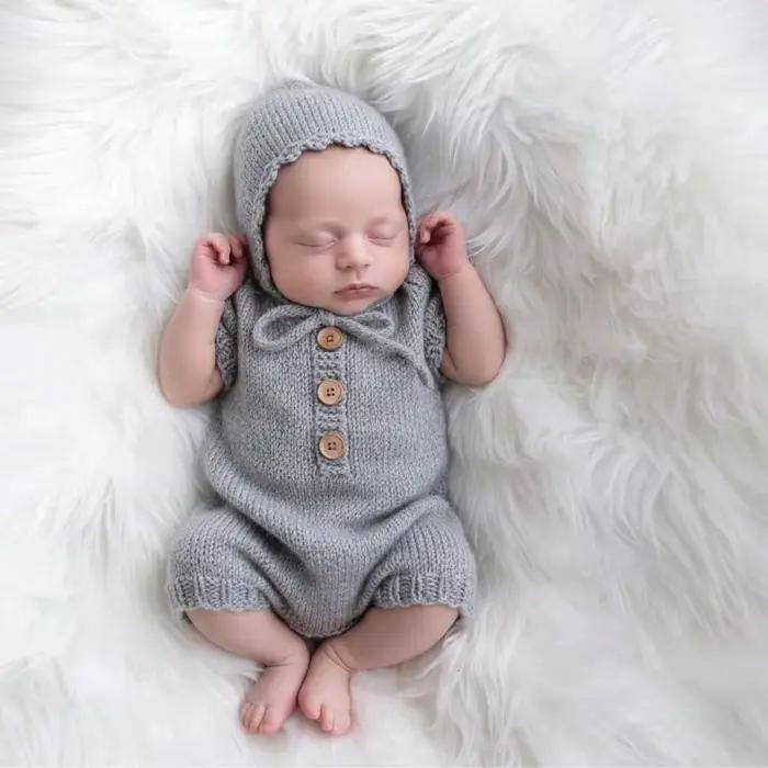 Barboteuse en Crochet faite à la main pour bébé, 2 pièces, avec chapeau, tenues de photographie pour