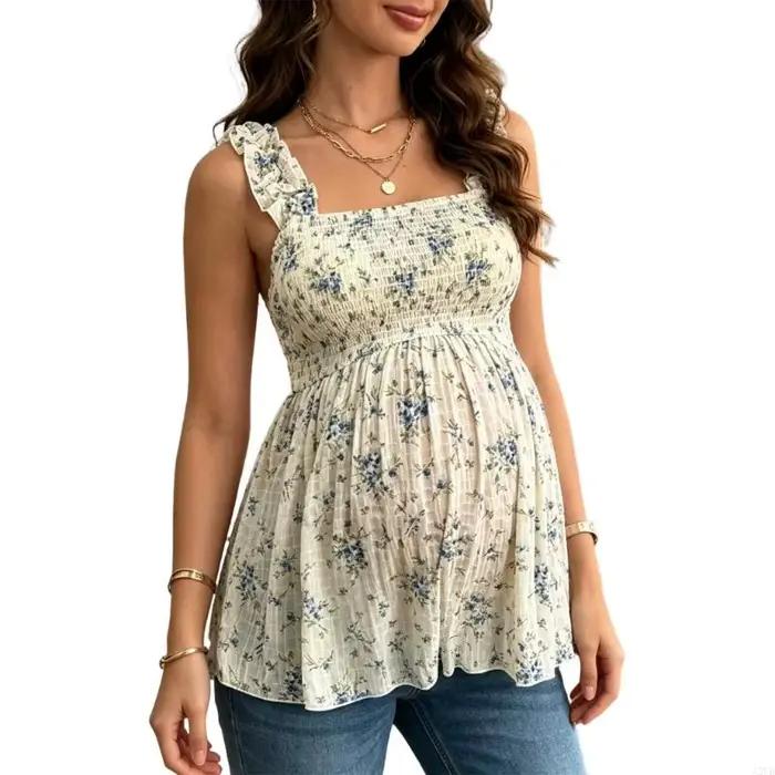 Débardeur maternité à imprimé Floral, avec col carré tissu Polyester confortable pour femmes enceint