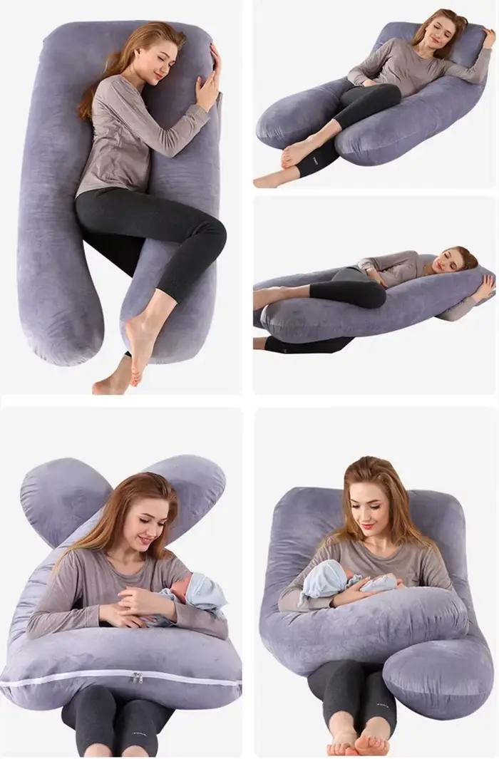 Oreiller de grossesse en forme de U, oreiller de maternité avec housse en velours amovible, Support
