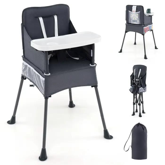 Chaise haute pliante pour bébé avec plateau réglable, sac de rangement et ceinture de sécurité, chai