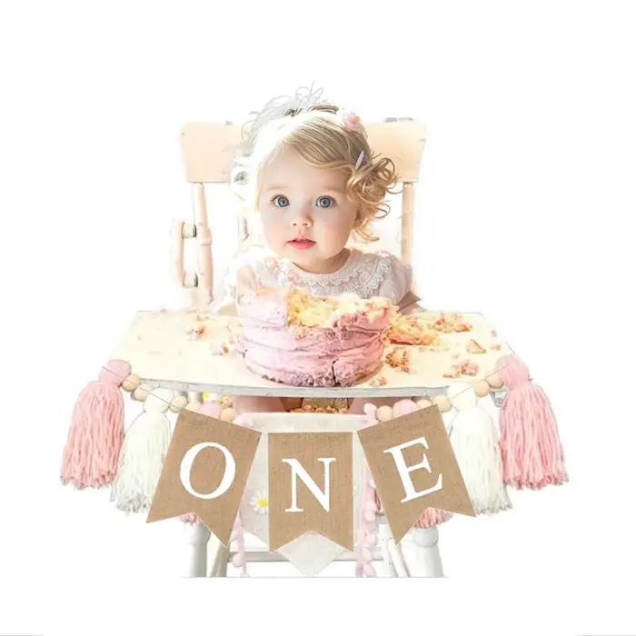 Bannière de chaise de premier anniversaire pour bébé, une guirlande en toile de jute, pour garçon et fille d'un an, décoration de fête d'anniversaire, fournitures d'accessoires Photo