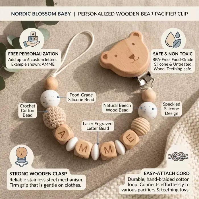 Attache-tétine personnalisée bois et silicone pour bébé de 0 à 36 mois, support de sucette sans BPA, chaîne de dentition, cadeau de naissance occasions spéciales