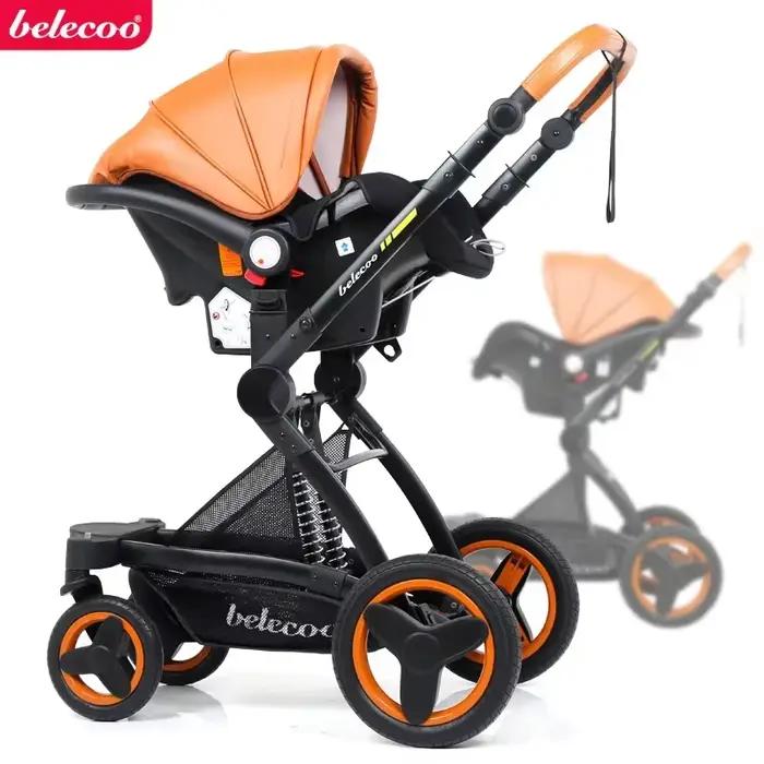 Poussette de Luxe 3 en 1 en Cuir PU Imperméable pour Bébé